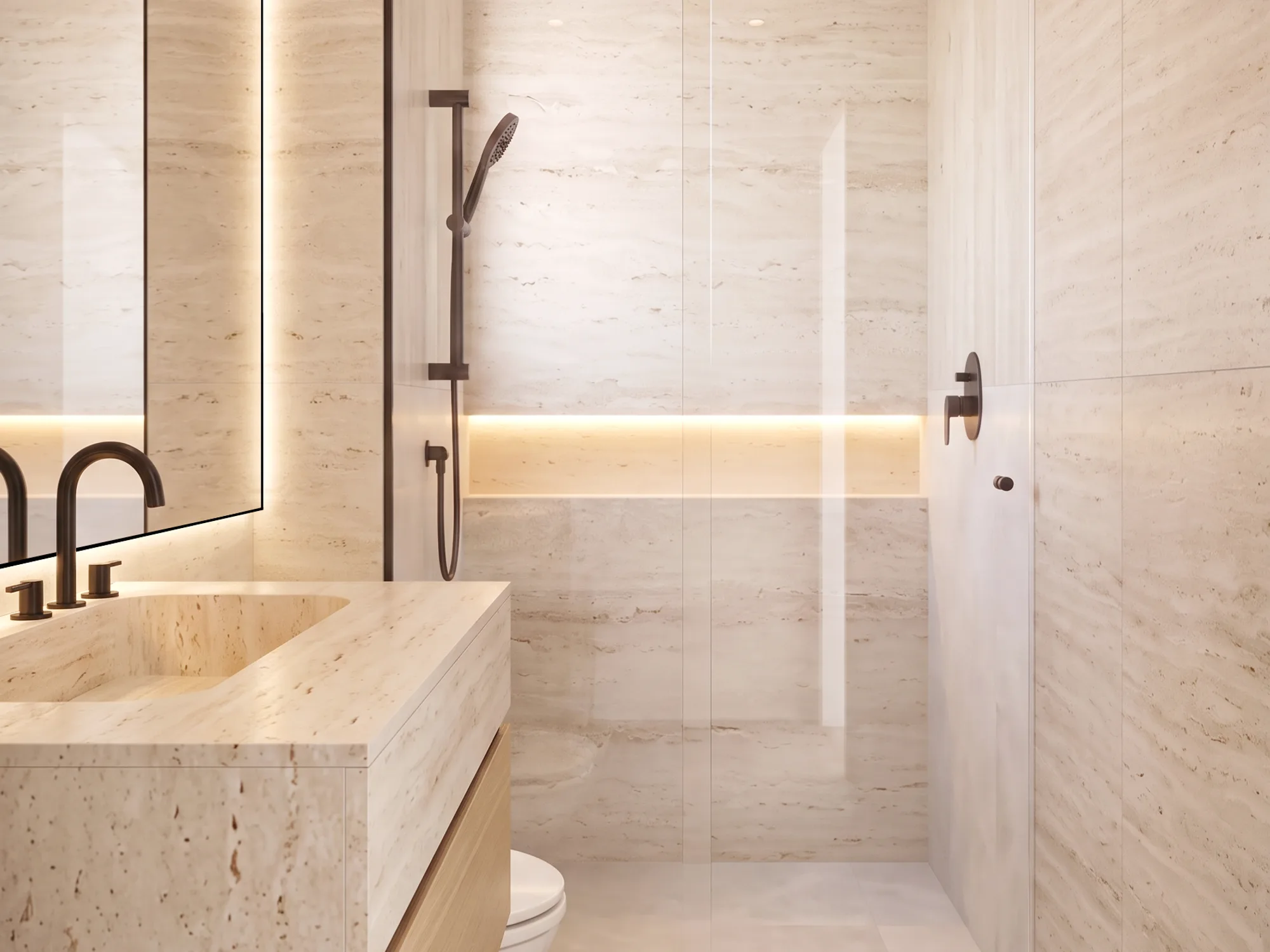 LÍF — baño: lavabo de piedra y espejo