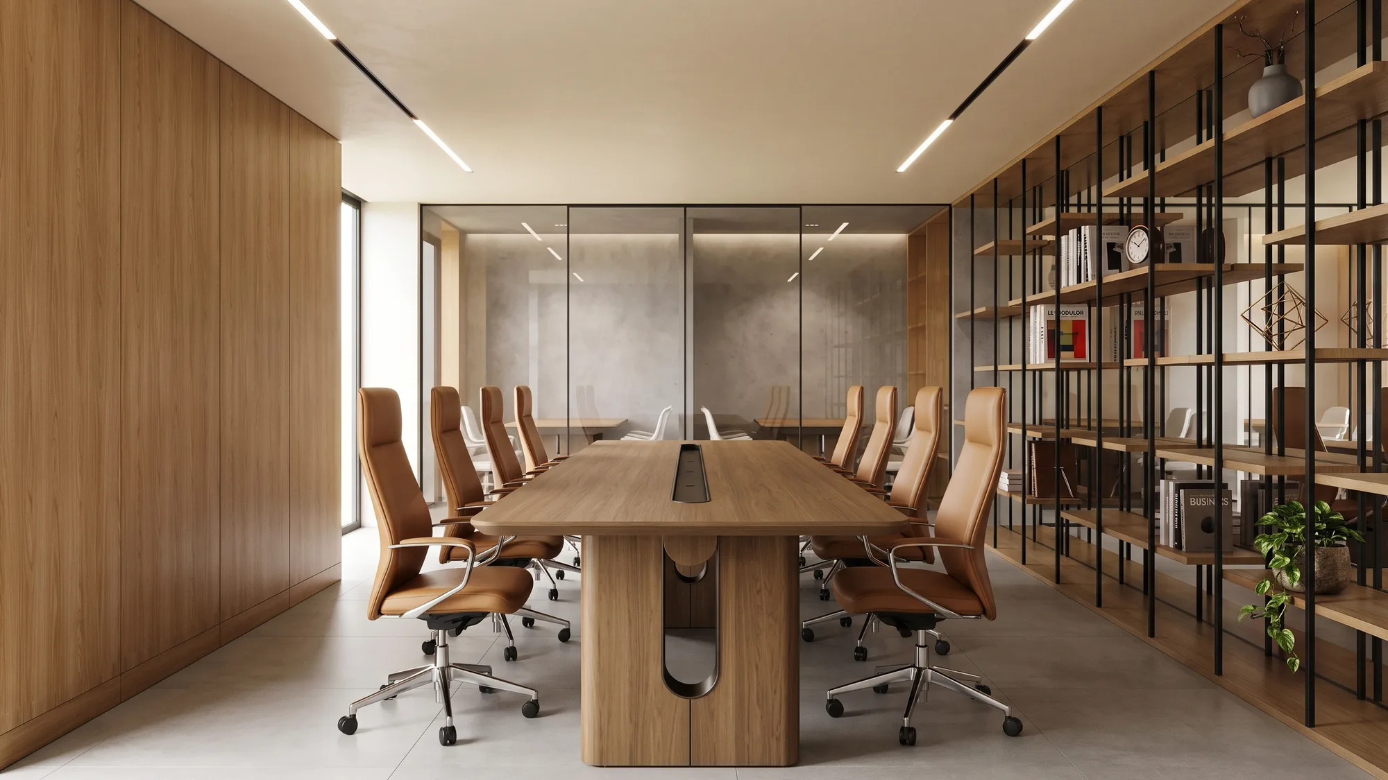 LÍF — working area, con mesa de reuniones y biblioteca