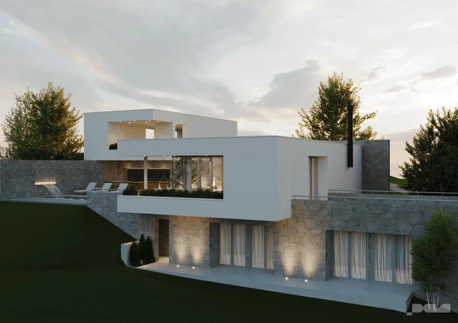 Villa A23 — terraza e interiores iluminados